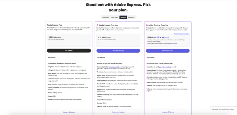 Adobe Express Student Plans