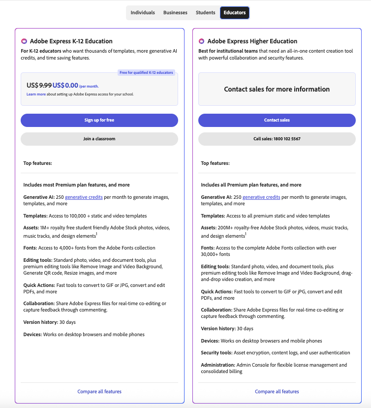 adobe express educators plan pricing
