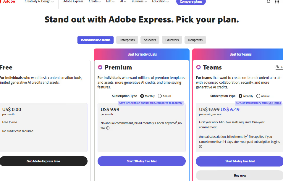Adobe Express Plans and Pricing