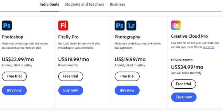 Adobe Photoshop pricing