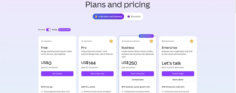 Canva Plans and Pricing